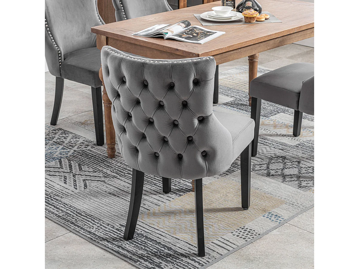 Silla de comedor de 1,2 m de terciopelo gris con botones capitoné y estructura de madera maciza, color gris (juego de 4)