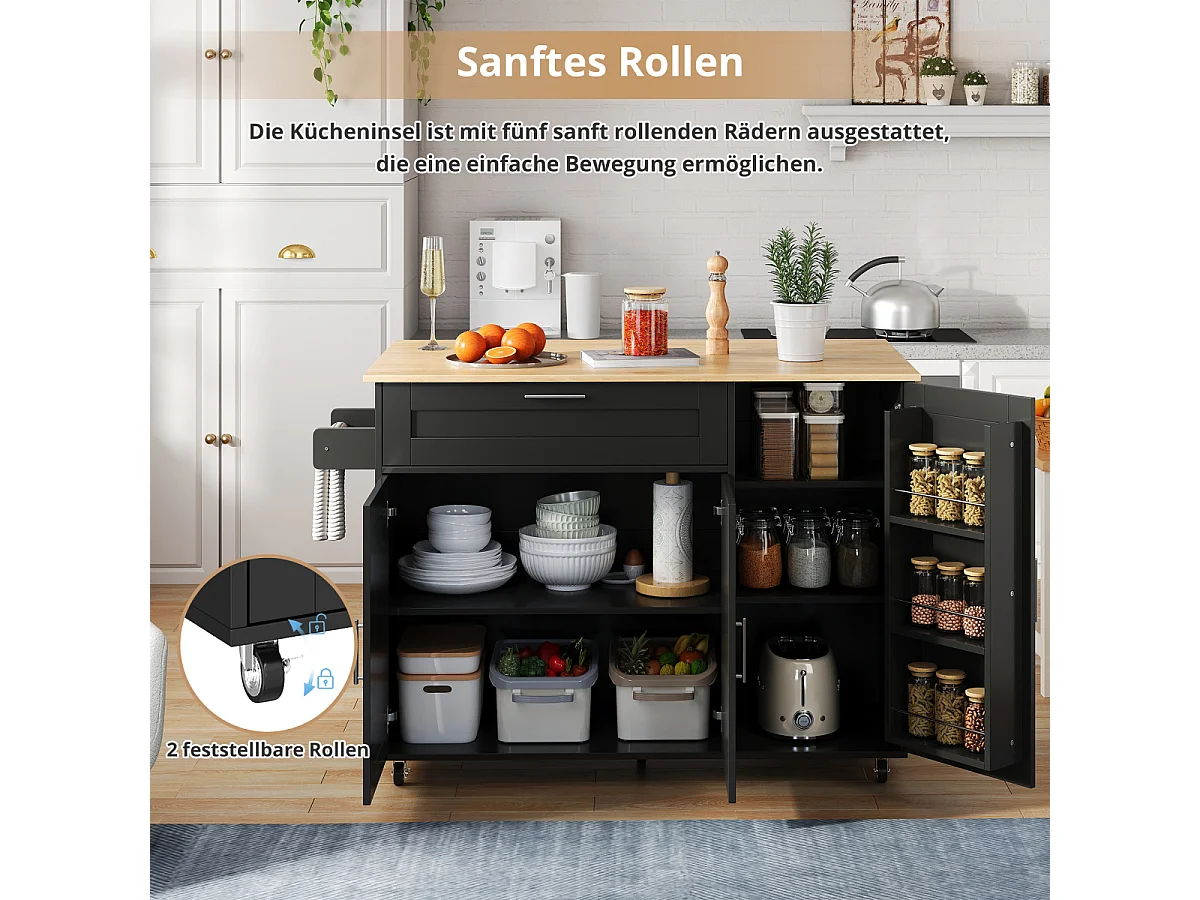 Table de cuisine mobile pliable en chêne, multifonctionnelle, 5 roulettes, dimensions : L 132,5 x l 44 (70) x H 90 cm