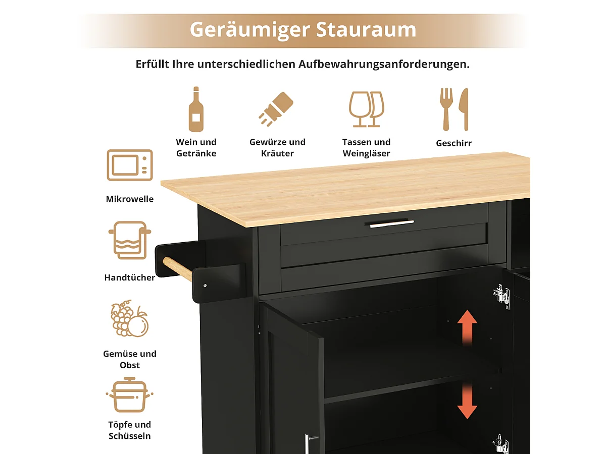 Table de cuisine mobile pliable en chêne, multifonctionnelle, 5 roulettes, dimensions : L 132,5 x l 44 (70) x H 90 cm