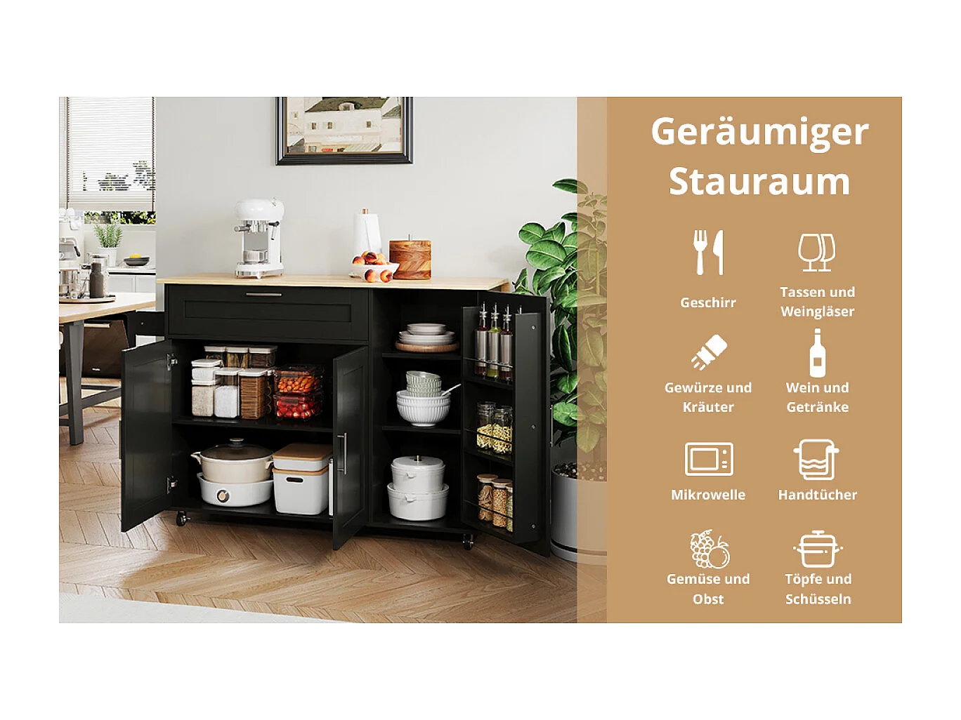 Table de cuisine mobile pliable en chêne, multifonctionnelle, 5 roulettes, dimensions : L 132,5 x l 44 (70) x H 90 cm