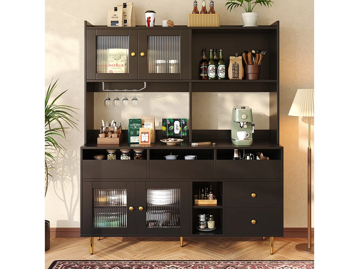 Armoire haute de salle à manger noire et dorée (145 x 39 x 171 cm) avec portes en verre perforé et casier à vin