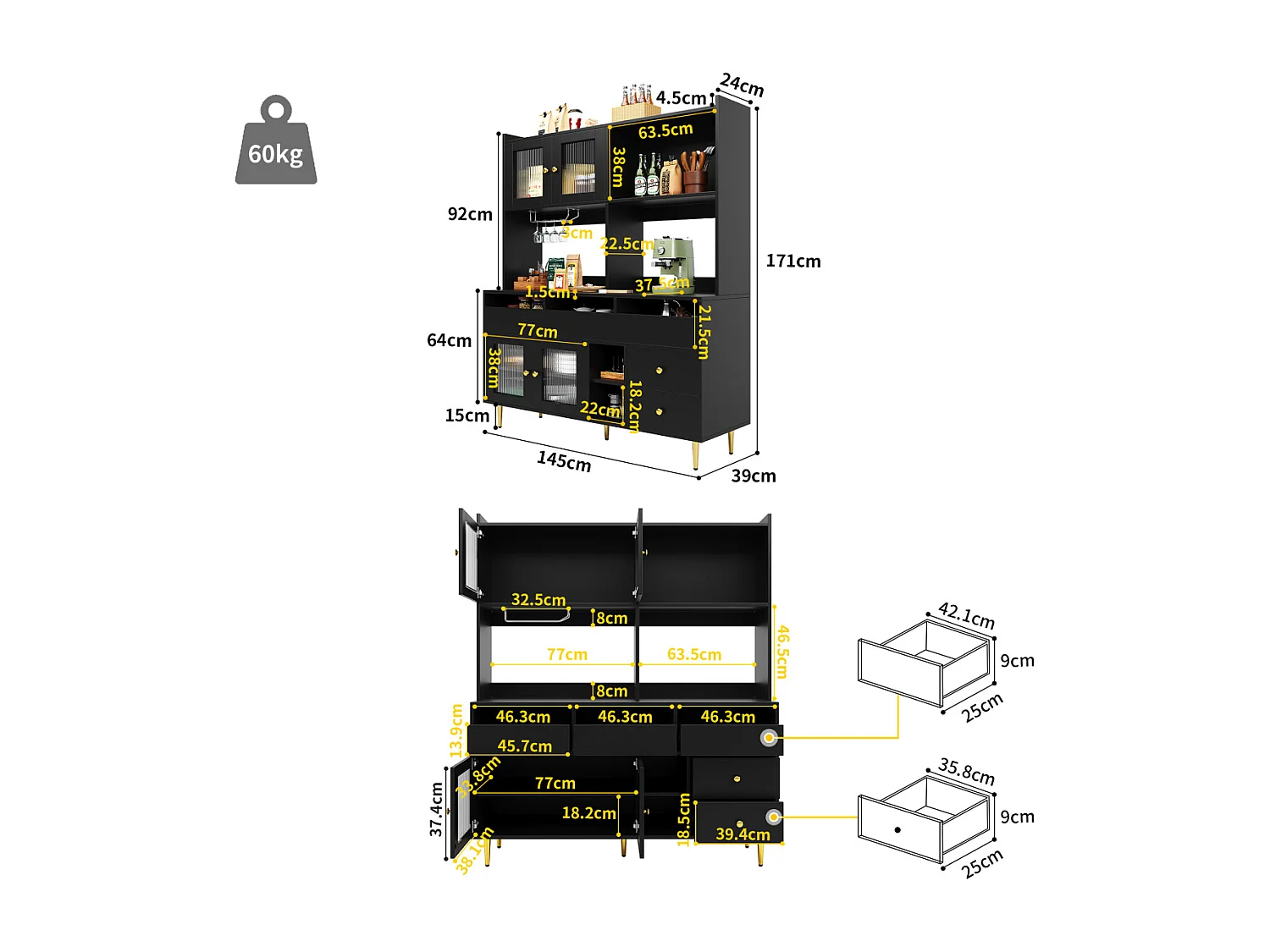 Armoire haute de salle à manger noire et dorée (145 x 39 x 171 cm) avec portes en verre perforé et casier à vin
