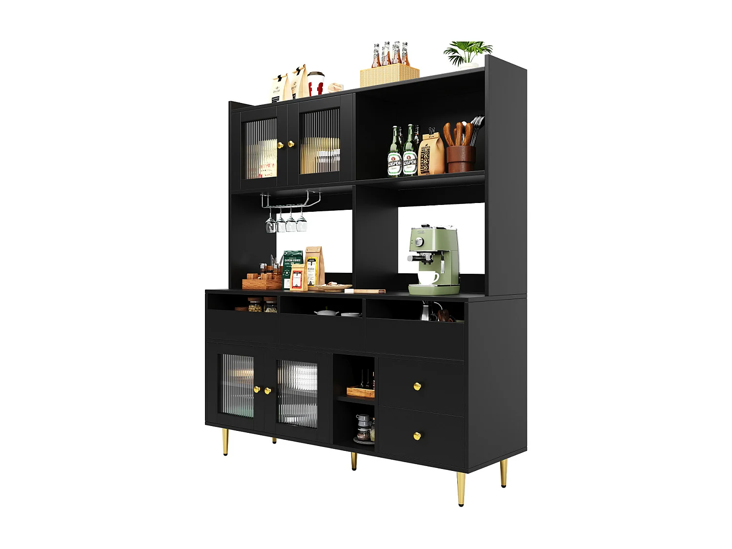 Armoire haute de salle à manger noire et dorée (145 x 39 x 171 cm) avec portes en verre perforé et casier à vin