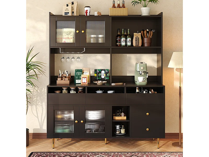 Armoire haute de salle à manger noire et dorée (145 x 39 x 171 cm) avec portes en verre perforé et casier à vin
