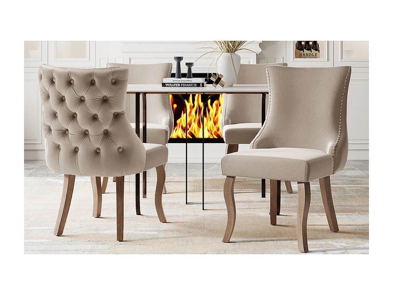 Set di 4 sedie da pranzo, sedia imbottita con finiture a borchie, tessuto in velluto, gambe in legno massello, beige.