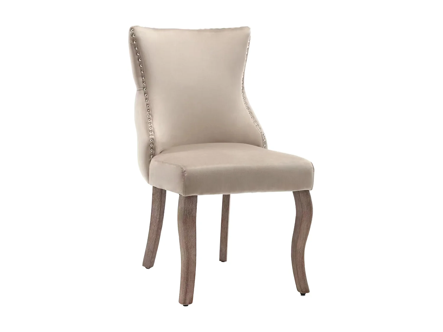 Set di 4 sedie da pranzo, sedia imbottita con finiture a borchie, tessuto in velluto, gambe in legno massello, beige.