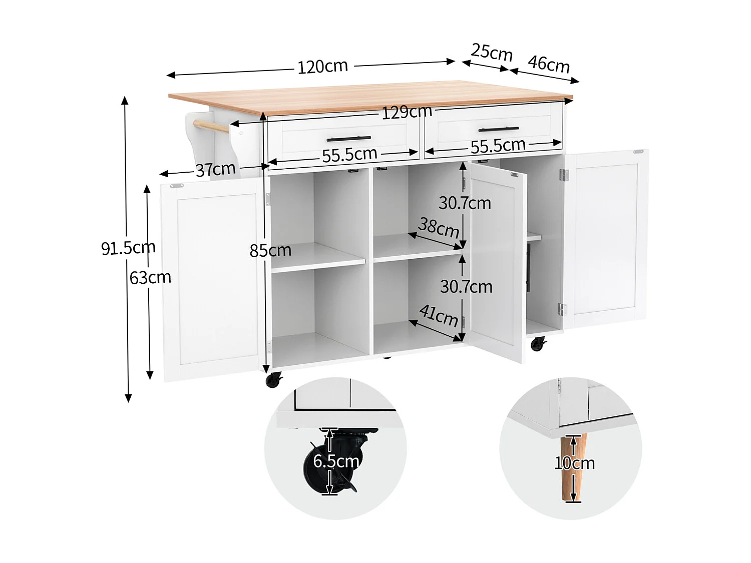 Carrinho de jantar com tampo dobrável, 5 rodas, branco