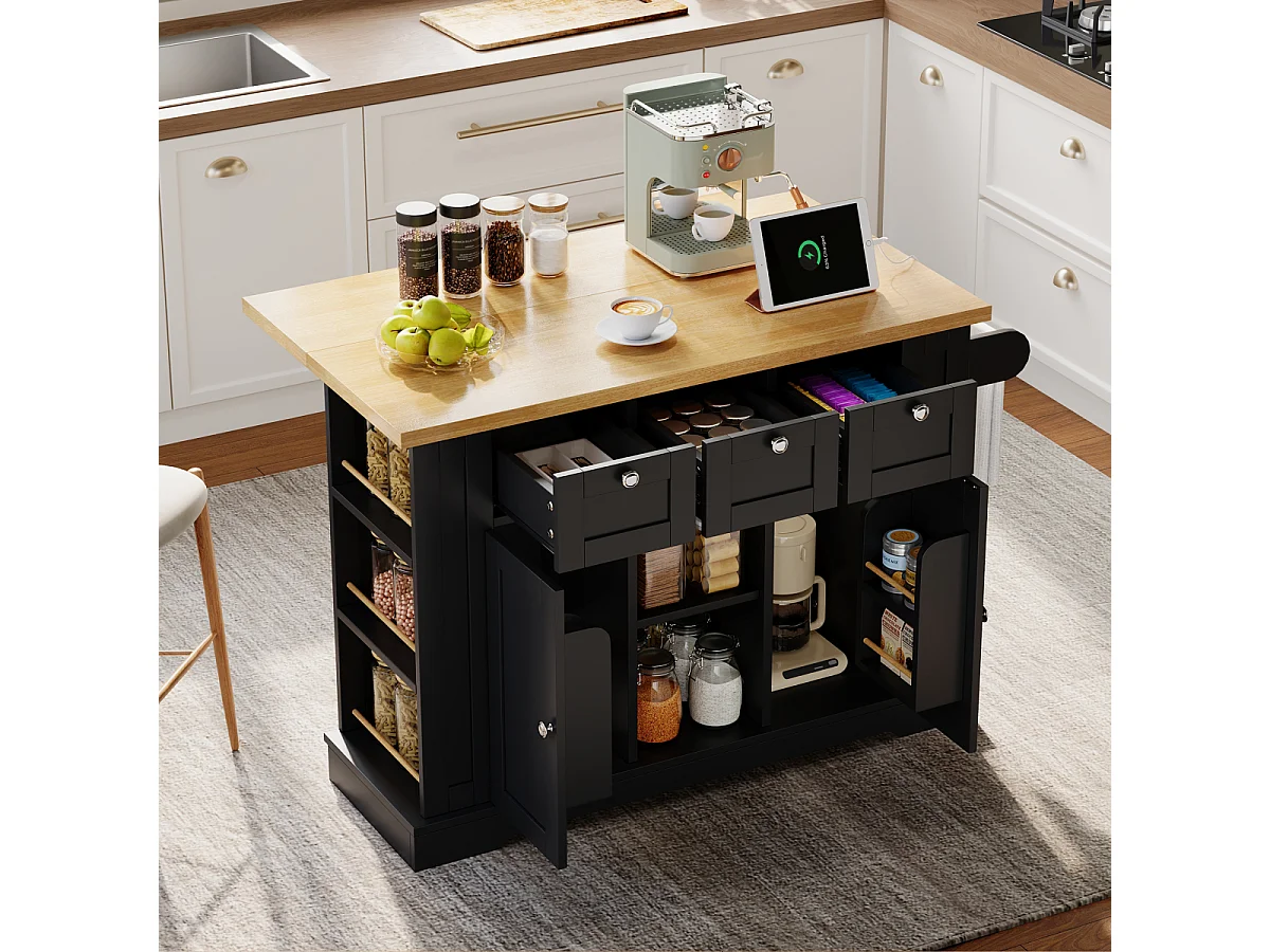 Table de cuisine mobile de 132 cm de style champêtre avec plan de travail pliable et prise électrique.