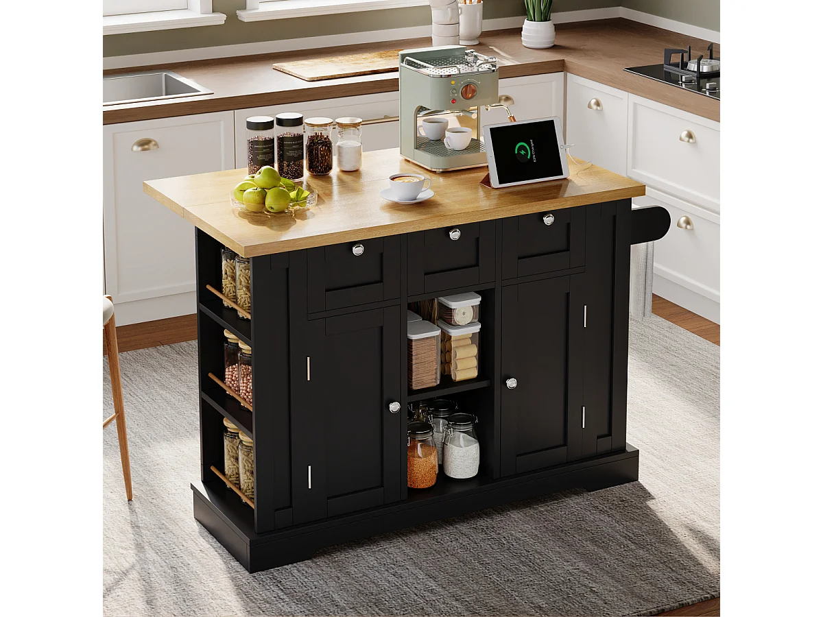 Table de cuisine mobile de 132 cm de style champêtre avec plan de travail pliable et prise électrique.