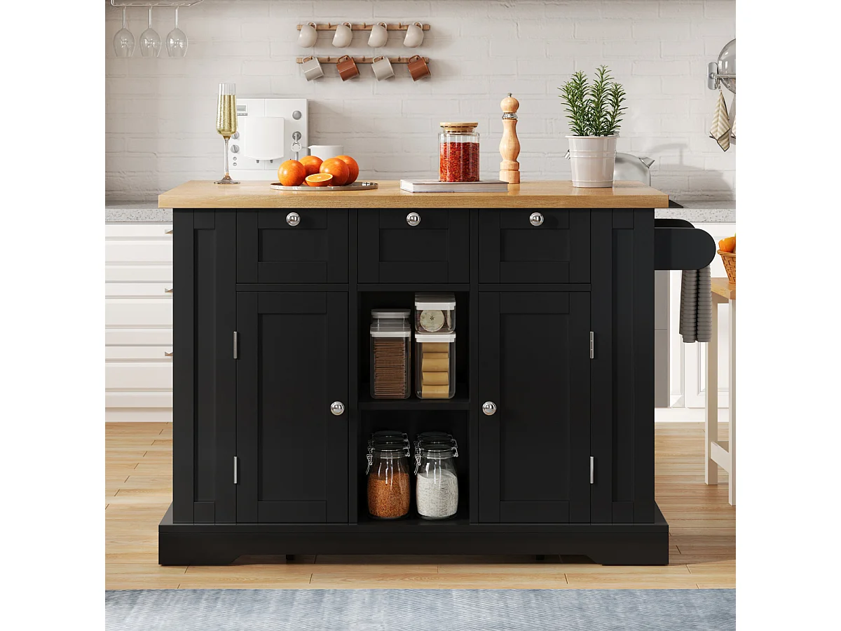 Table de cuisine mobile de 132 cm de style champêtre avec plan de travail pliable et prise électrique.