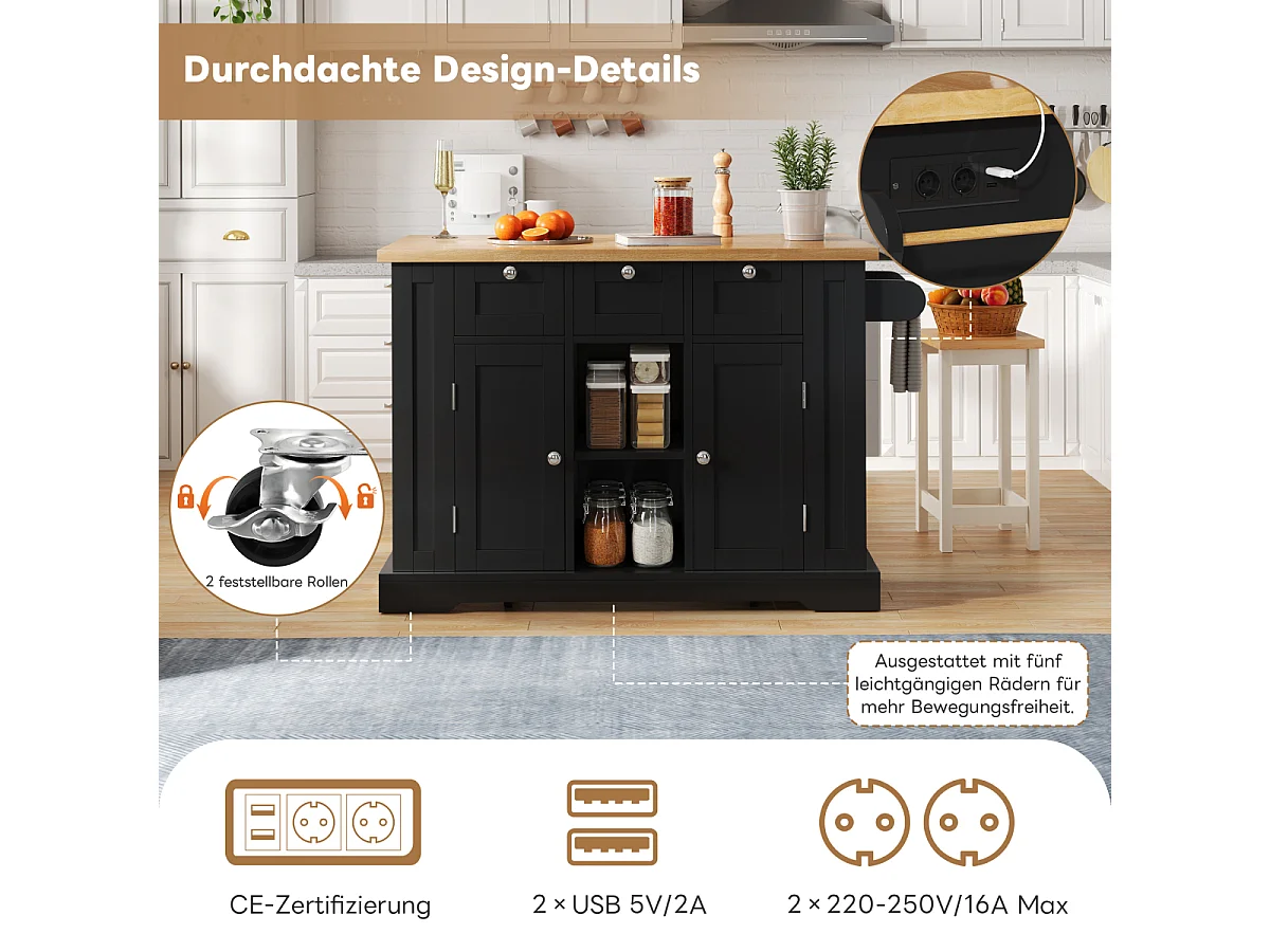 Table de cuisine mobile de 132 cm de style champêtre avec plan de travail pliable et prise électrique.