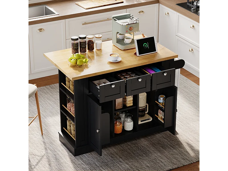 Table de cuisine mobile de 132 cm de style champêtre avec plan de travail pliable et prise électrique.