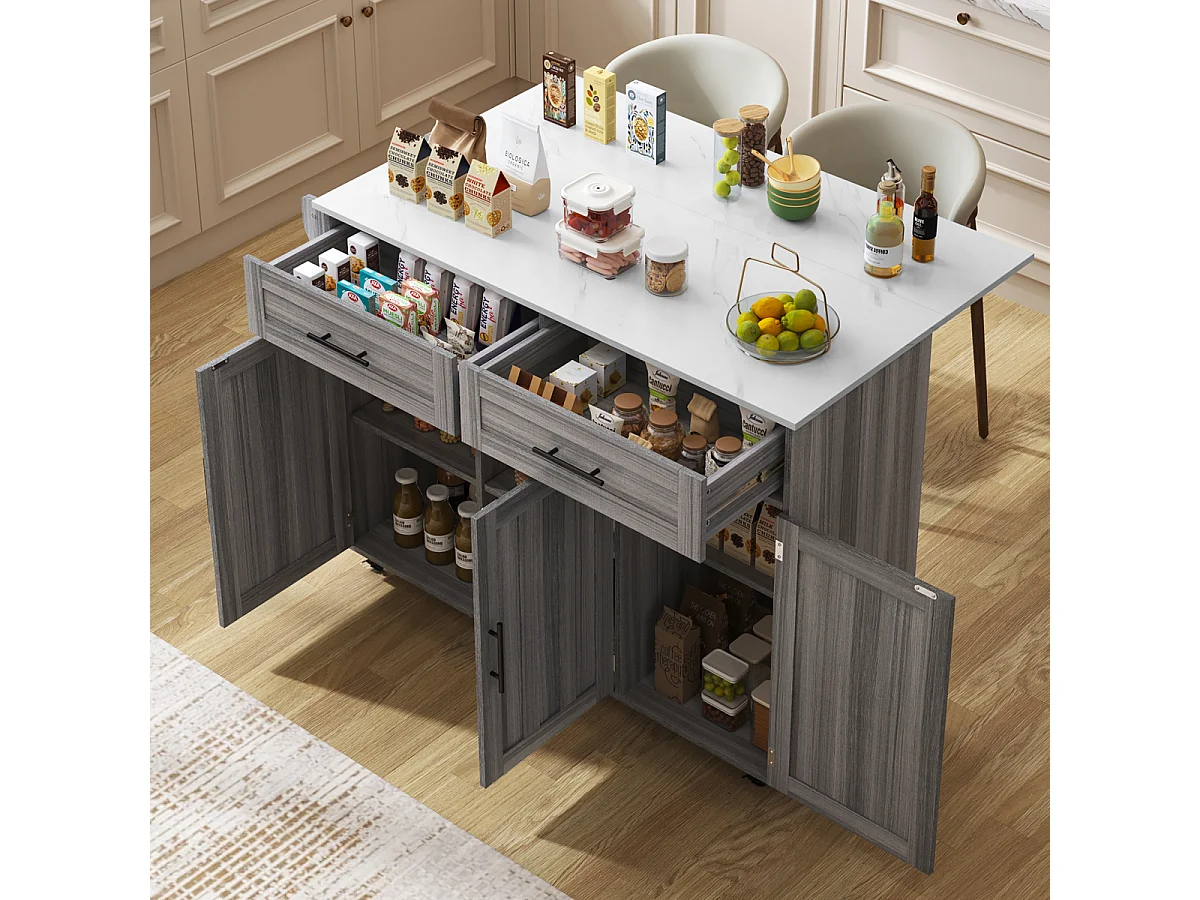 Eettafel/dressoir in wit + kakigrijs met opklapbaar blad, 5 wielen, opbergruimte en 2 lades