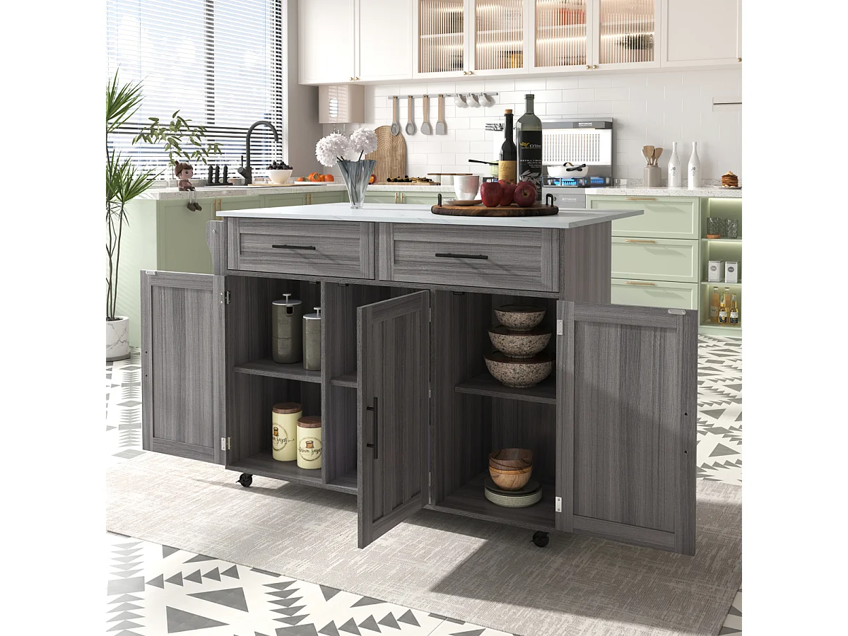 Eettafel/dressoir in wit + kakigrijs met opklapbaar blad, 5 wielen, opbergruimte en 2 lades