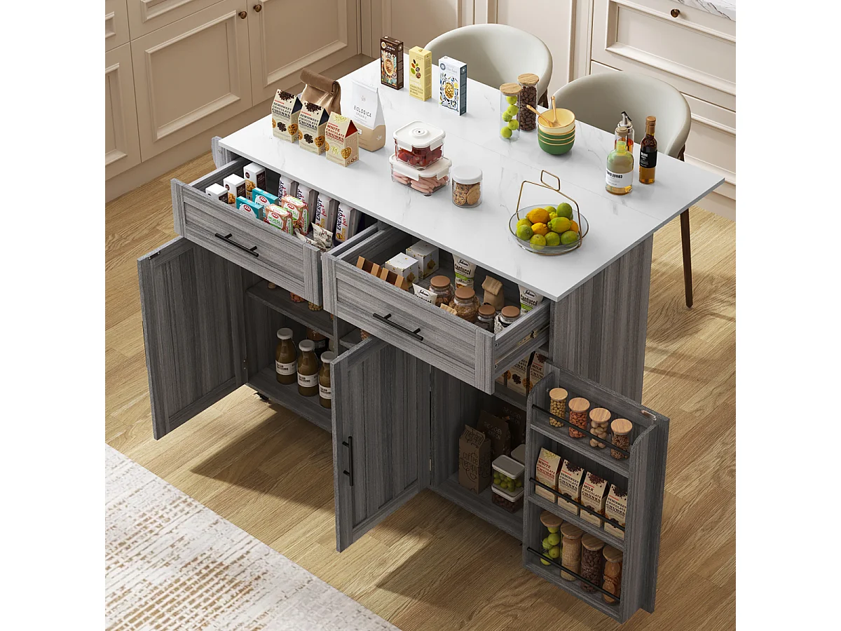 Eetwagen/dressoir, 129x46x91,5cm, wit marmer, kakigrijs, uitschuifbaar, wielen