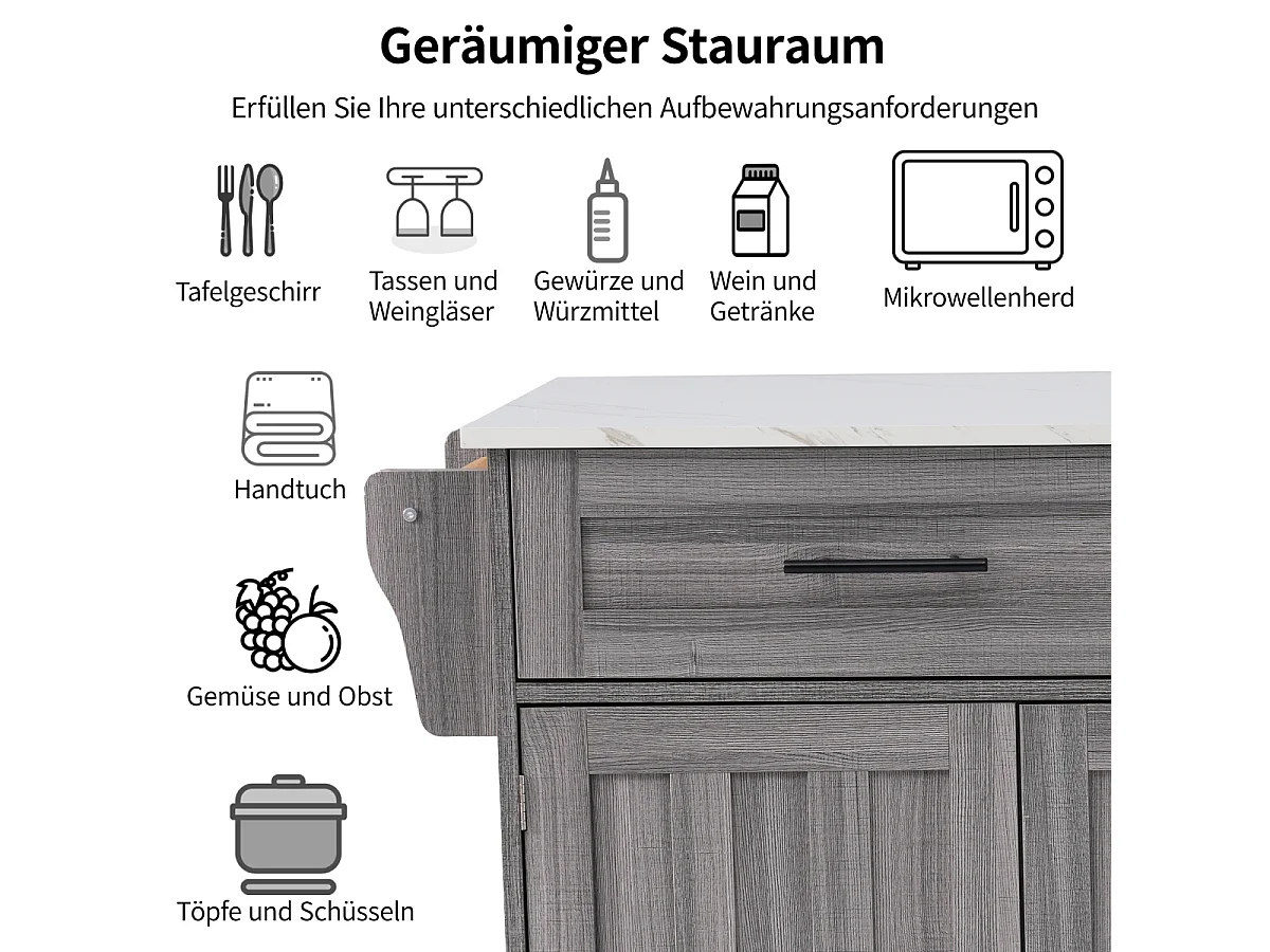 Eetwagen/dressoir, 129x46x91,5cm, wit marmer, kakigrijs, uitschuifbaar, wielen