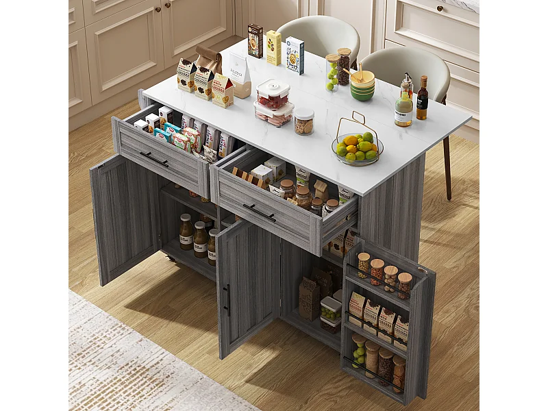 Eetwagen/dressoir, 129x46x91,5cm, wit marmer, kakigrijs, uitschuifbaar, wielen