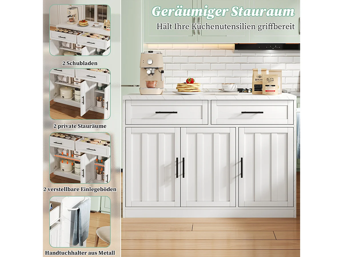 Îlot de cuisine avec prises électriques, ports USB, étagères réglables et bar (120x60x91cm)