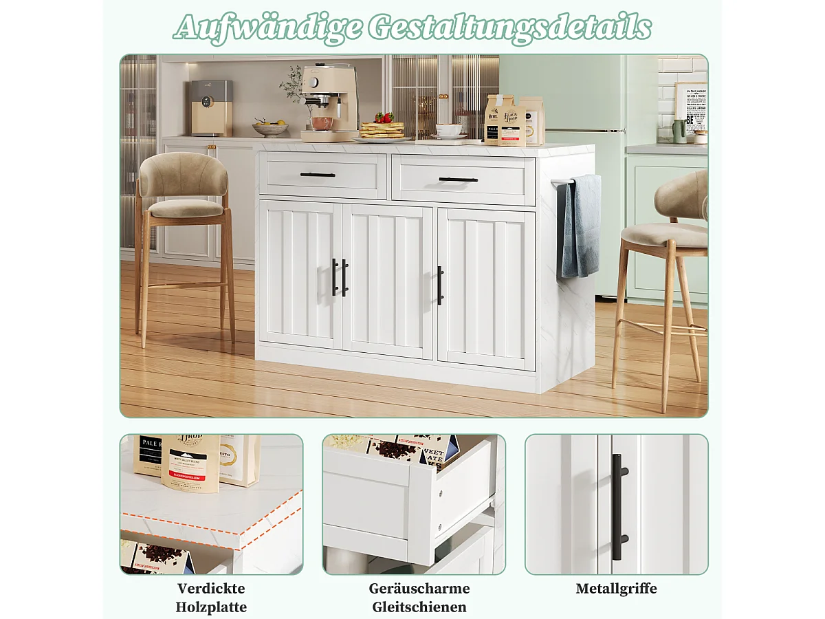 Îlot de cuisine avec prises électriques, ports USB, étagères réglables et bar (120x60x91cm)