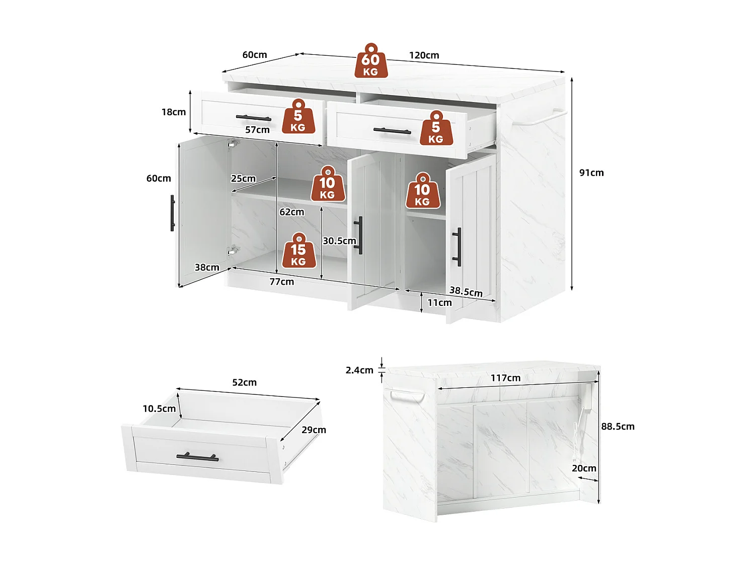 Îlot de cuisine avec prises électriques, ports USB, étagères réglables et bar (120x60x91cm)