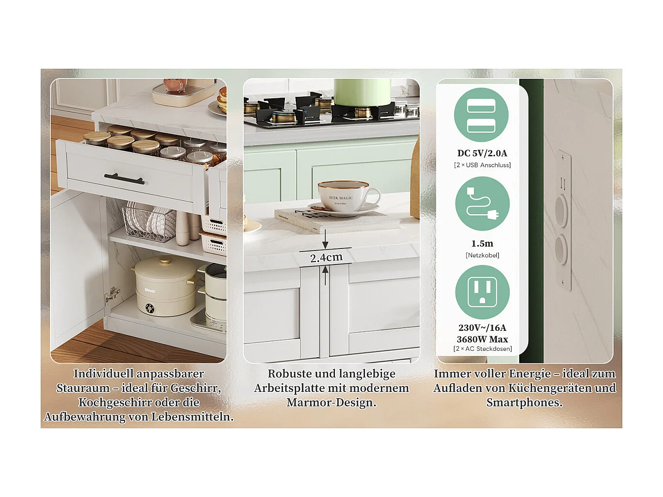 Îlot de cuisine avec prises électriques, ports USB, étagères réglables et bar (120x60x91cm)