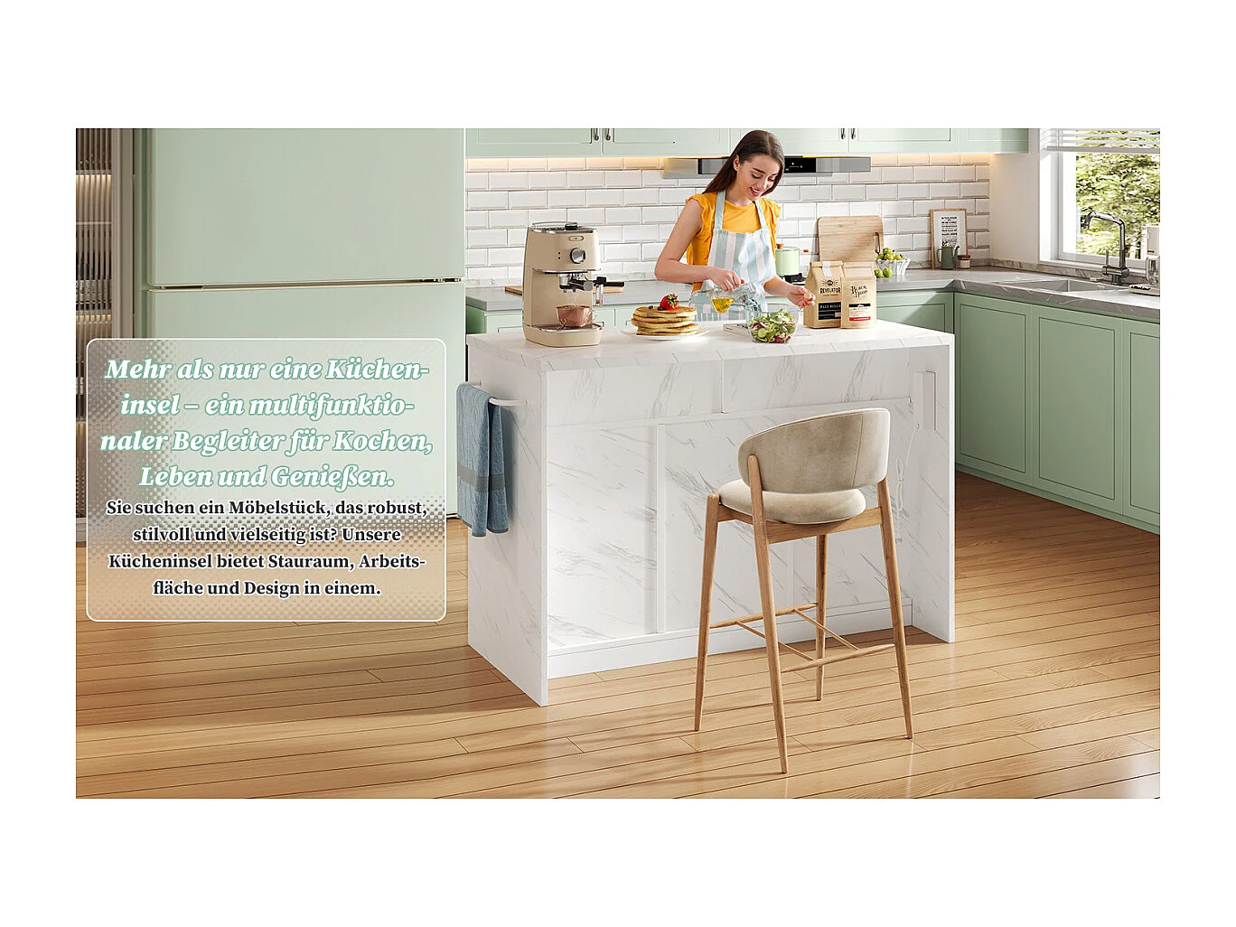 Îlot de cuisine avec prises électriques, ports USB, étagères réglables et bar (120x60x91cm)