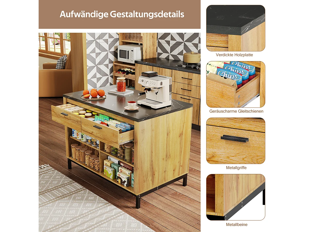 Îlot de cuisine de style campagnard avec 2 tiroirs, 4 étagères, plateau en marbre (120×75×90cm)