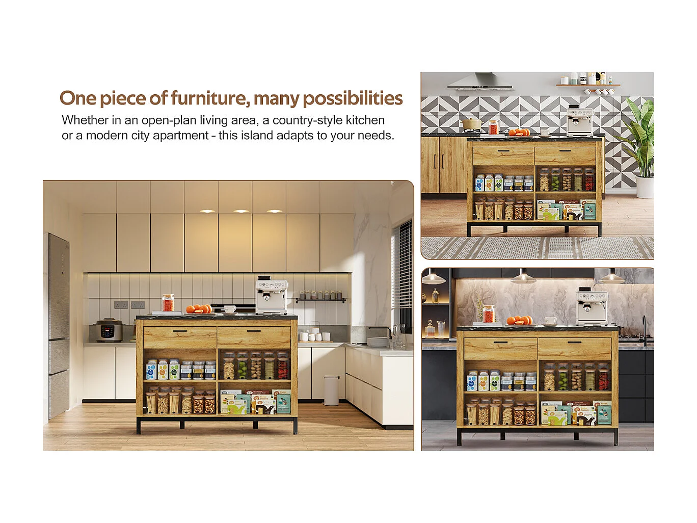 Îlot de cuisine de style campagnard avec 2 tiroirs, 4 étagères, plateau en marbre (120×75×90cm)