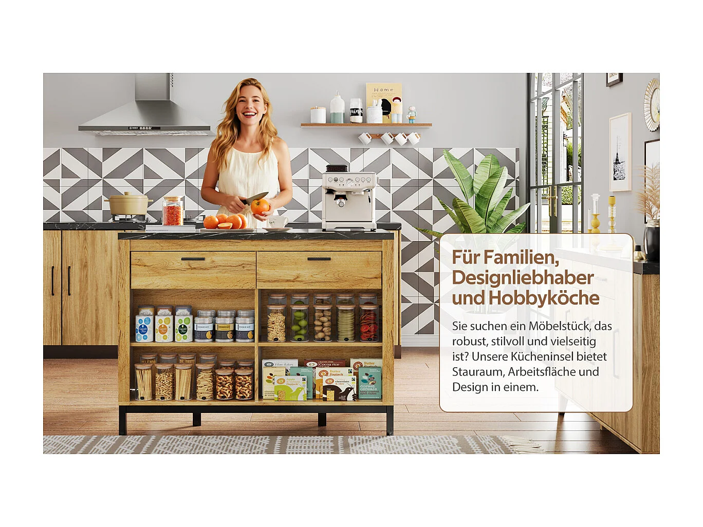 Îlot de cuisine de style campagnard avec 2 tiroirs, 4 étagères, plateau en marbre (120×75×90cm)