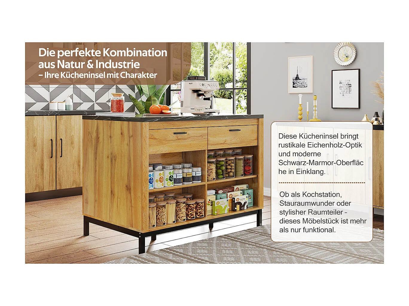 Îlot de cuisine de style campagnard avec 2 tiroirs, 4 étagères, plateau en marbre (120×75×90cm)