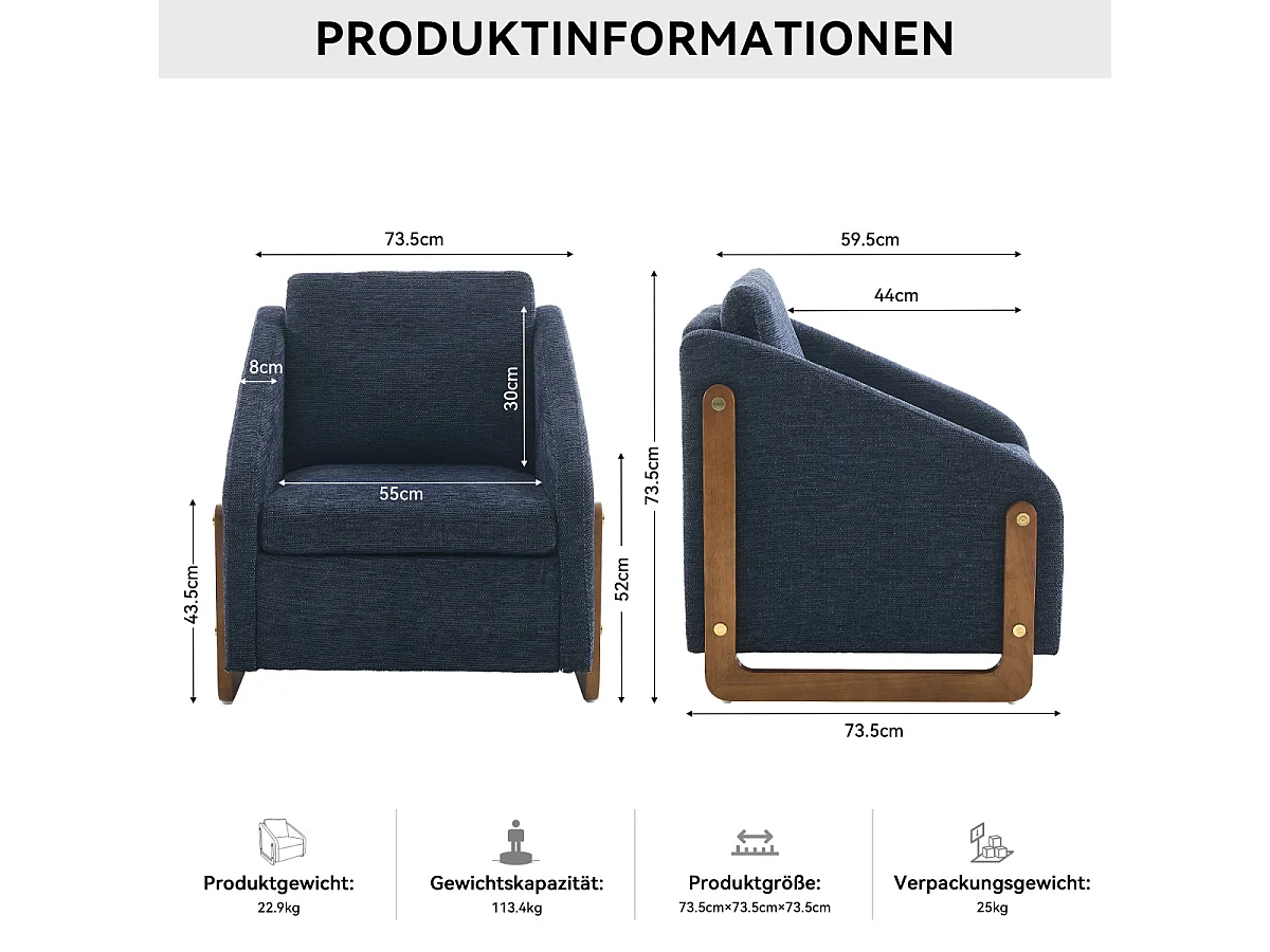 057 Poltrona, poltrona in ciniglia blu con braccioli in legno, 73,5x73,5x73,5 cm