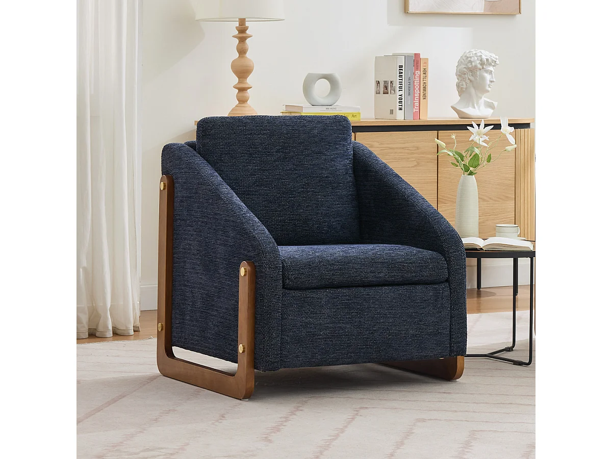 057 Poltrona, poltrona in ciniglia blu con braccioli in legno, 73,5x73,5x73,5 cm