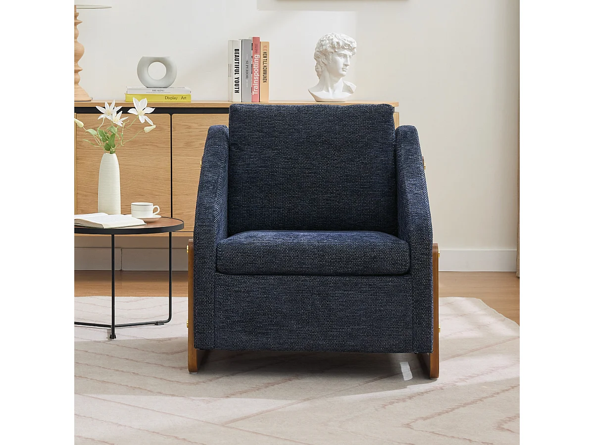 057 Poltrona, poltrona in ciniglia blu con braccioli in legno, 73,5x73,5x73,5 cm