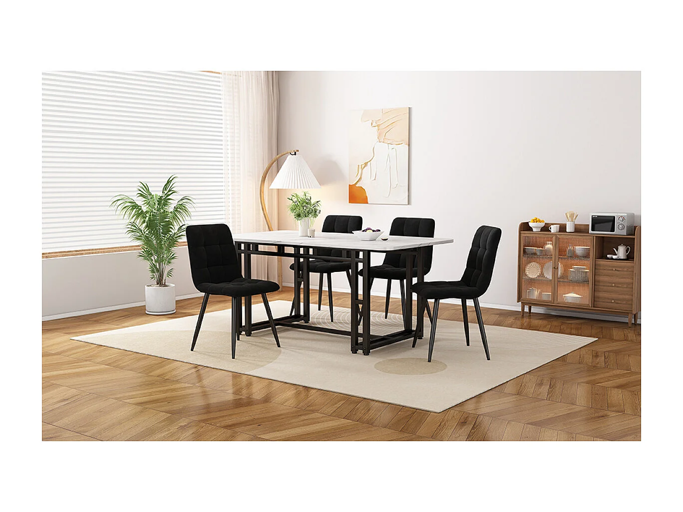 Set da pranzo nero 120x70cm con 4 sedie in velluto e gambe in ferro