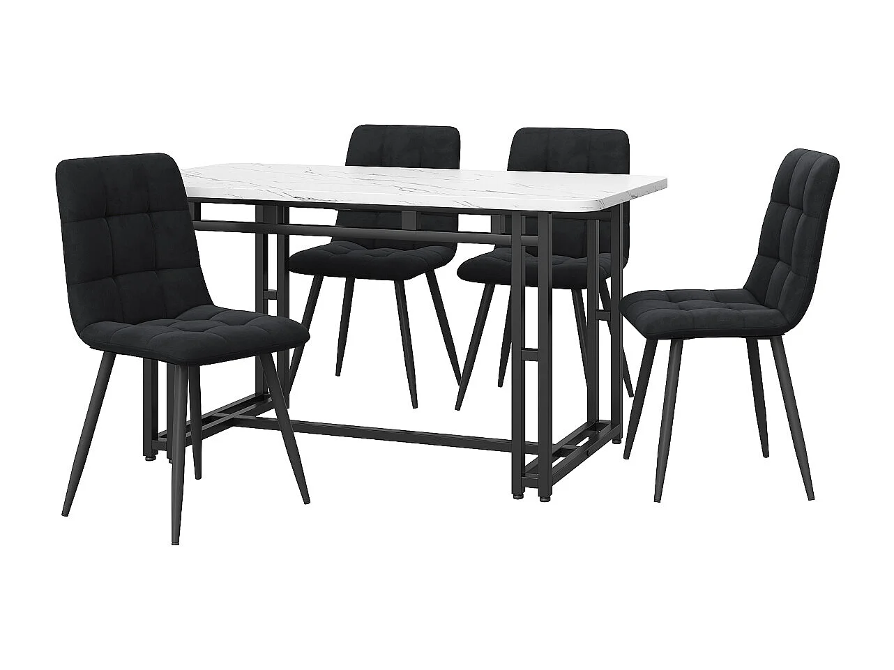 Set da pranzo nero 120x70cm con 4 sedie in velluto e gambe in ferro