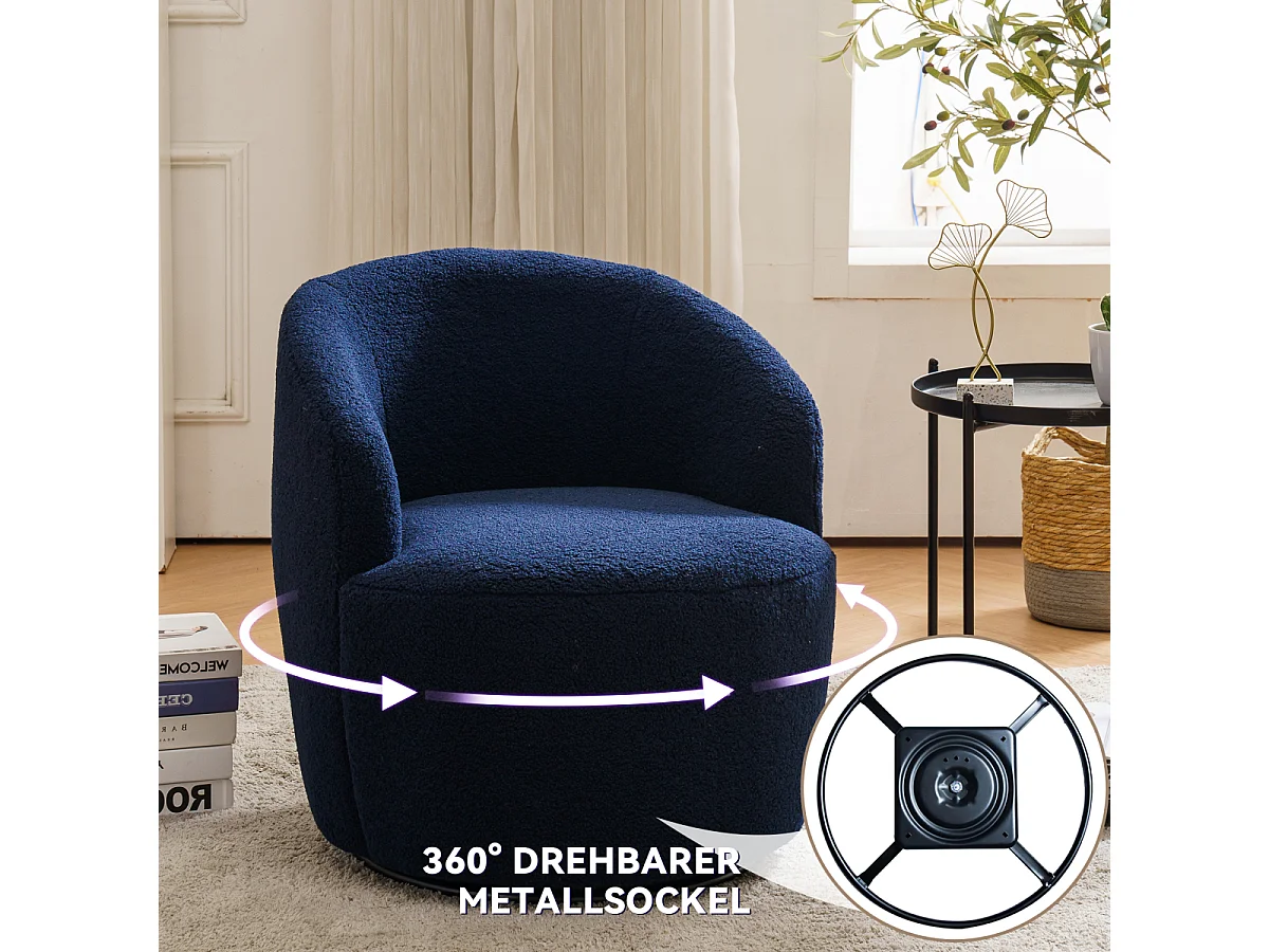 Sillón giratorio con acento en tela de peluche, sillón barril con anillo de metal con recubrimiento de polvo negro, marrón