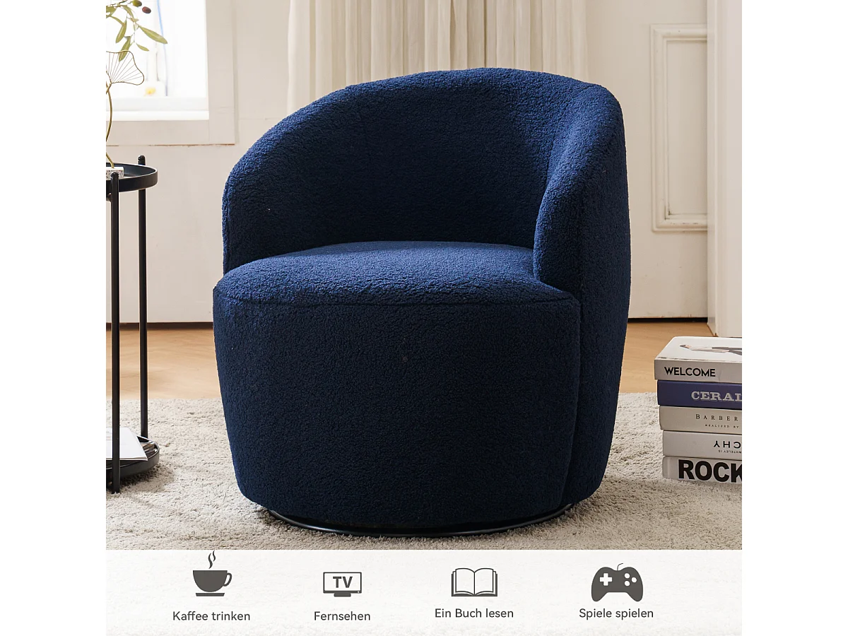 Sillón giratorio con acento en tela de peluche, sillón barril con anillo de metal con recubrimiento de polvo negro, marrón