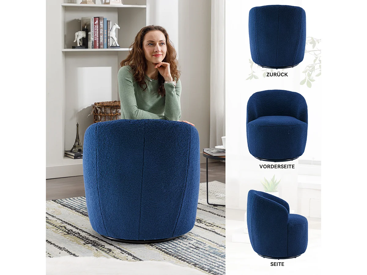 Sillón giratorio con acento en tela de peluche, sillón barril con anillo de metal con recubrimiento de polvo negro, marrón