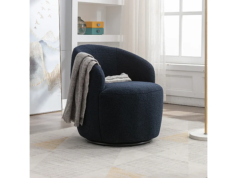 Sillón giratorio con acento en tela de peluche, sillón barril con anillo de metal con recubrimiento de polvo negro, marrón