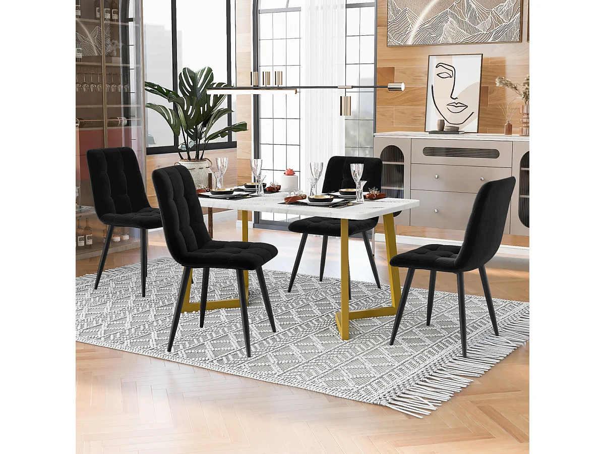 Set da pranzo da 117 cm con 4 sedie in velluto nero, gambe dorate