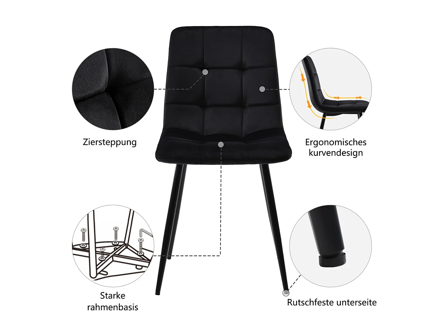 Set da pranzo da 117 cm con 4 sedie in velluto nero, gambe dorate