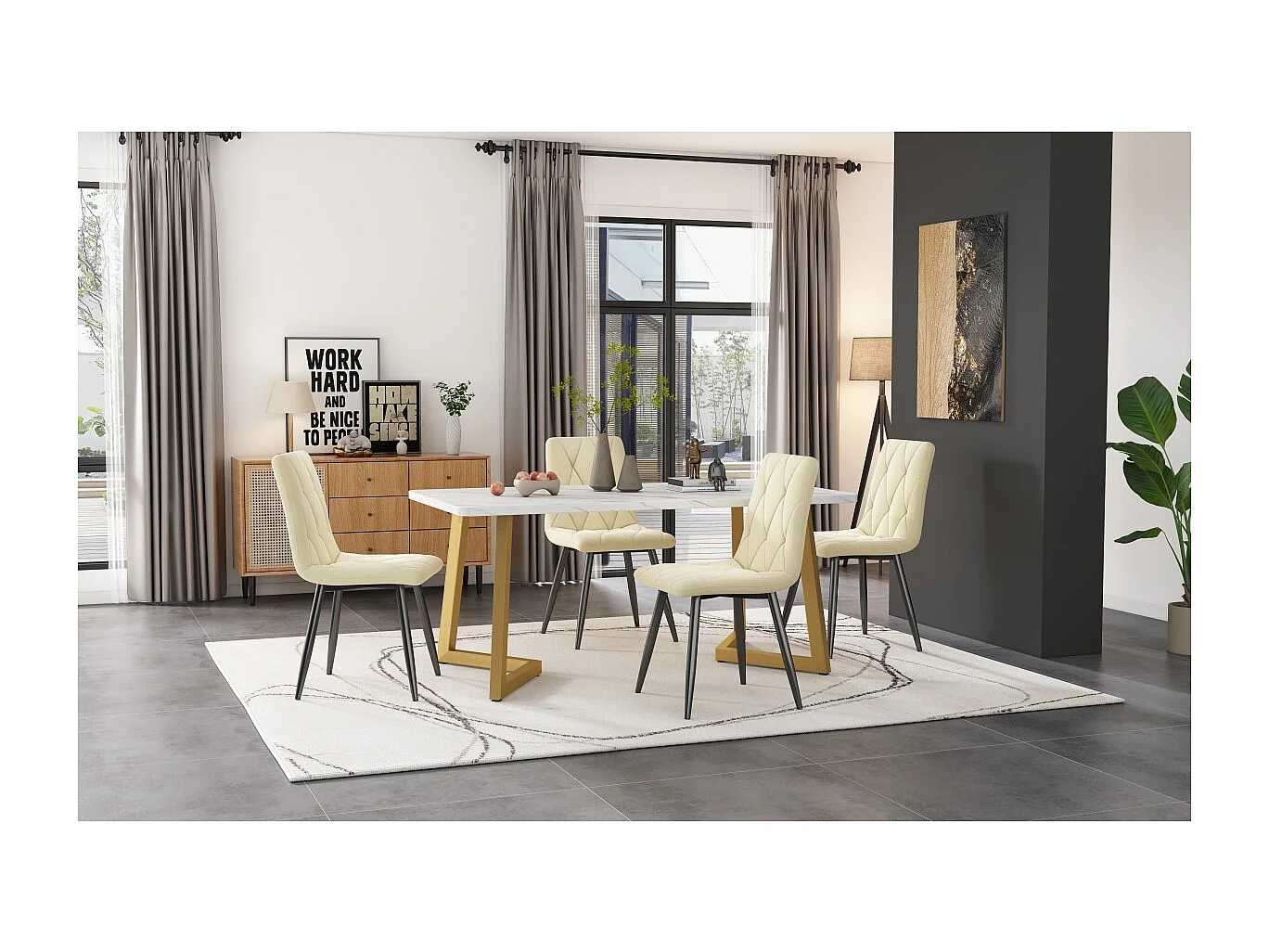 Set da pranzo: tavolo rettangolare 117x68 cm con 4 sedie in velluto beige, gambe dorate.