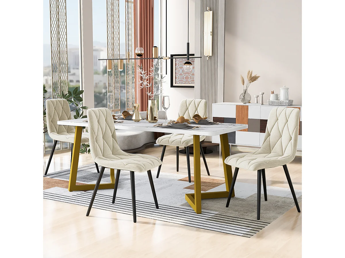 Set da pranzo: tavolo rettangolare 117x68 cm con 4 sedie in velluto beige, gambe dorate.