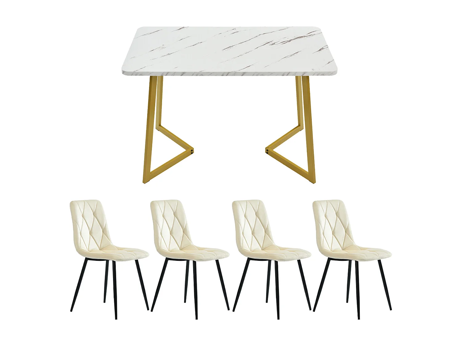 Set da pranzo: tavolo rettangolare 117x68 cm con 4 sedie in velluto beige, gambe dorate.