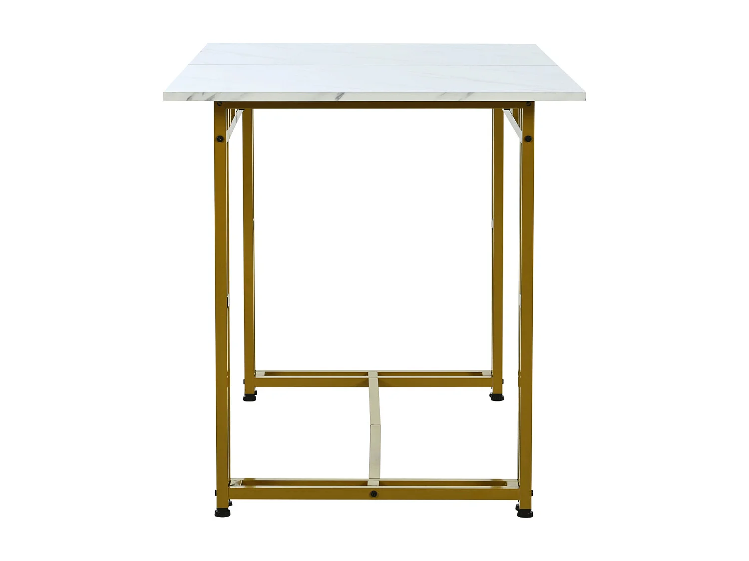 Gouden eettafelset (120x70cm) met 4 zwarte fluwelen stoelen.