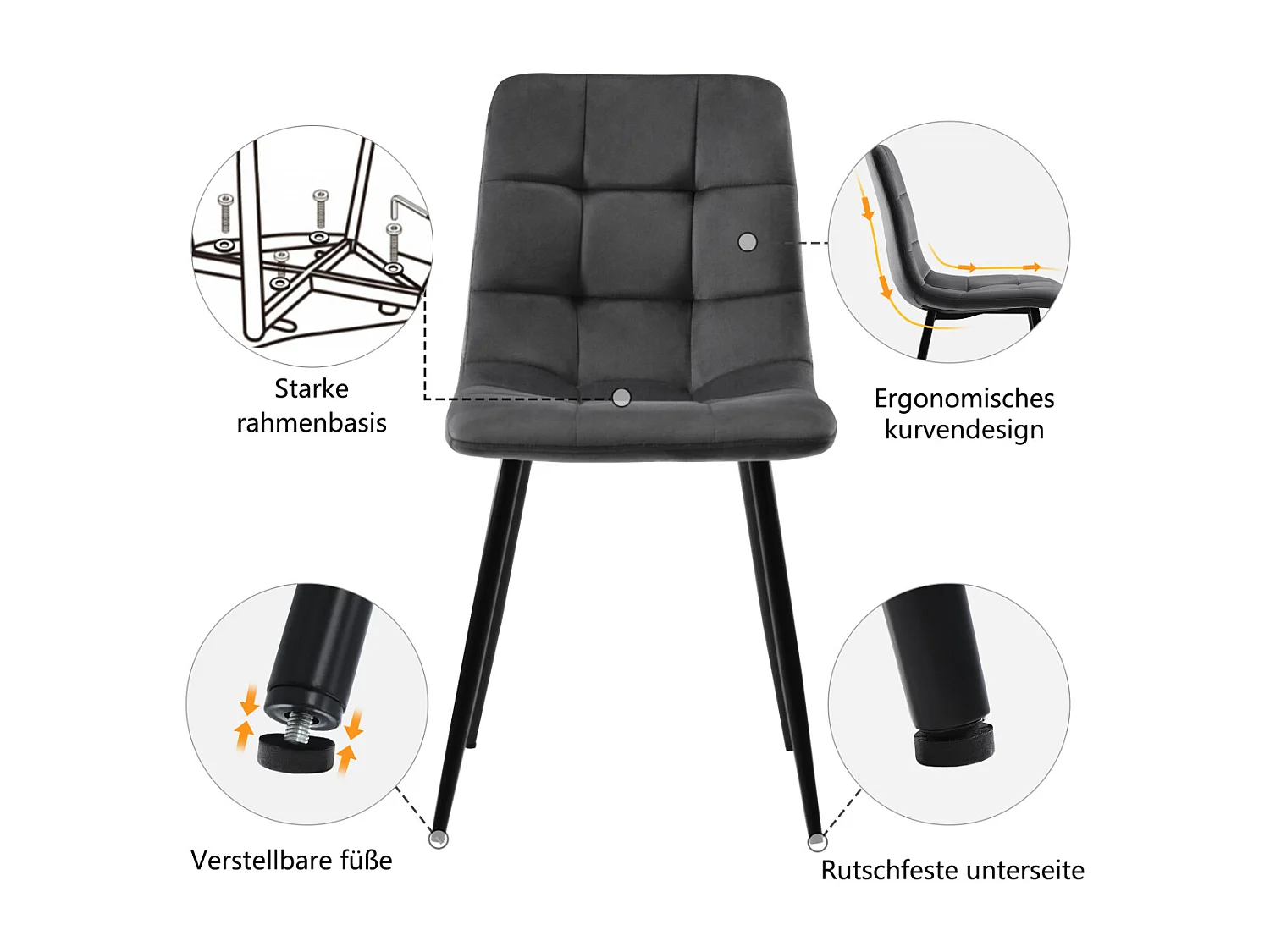 Eettafelset van 117 cm met 4 donkergrijze fluwelen stoelen, gouden poten