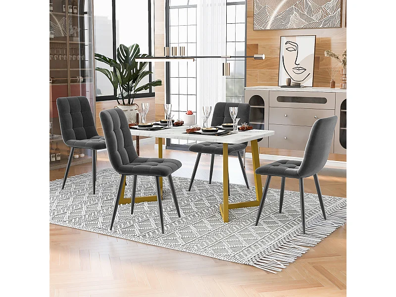 Eettafelset van 117 cm met 4 donkergrijze fluwelen stoelen, gouden poten