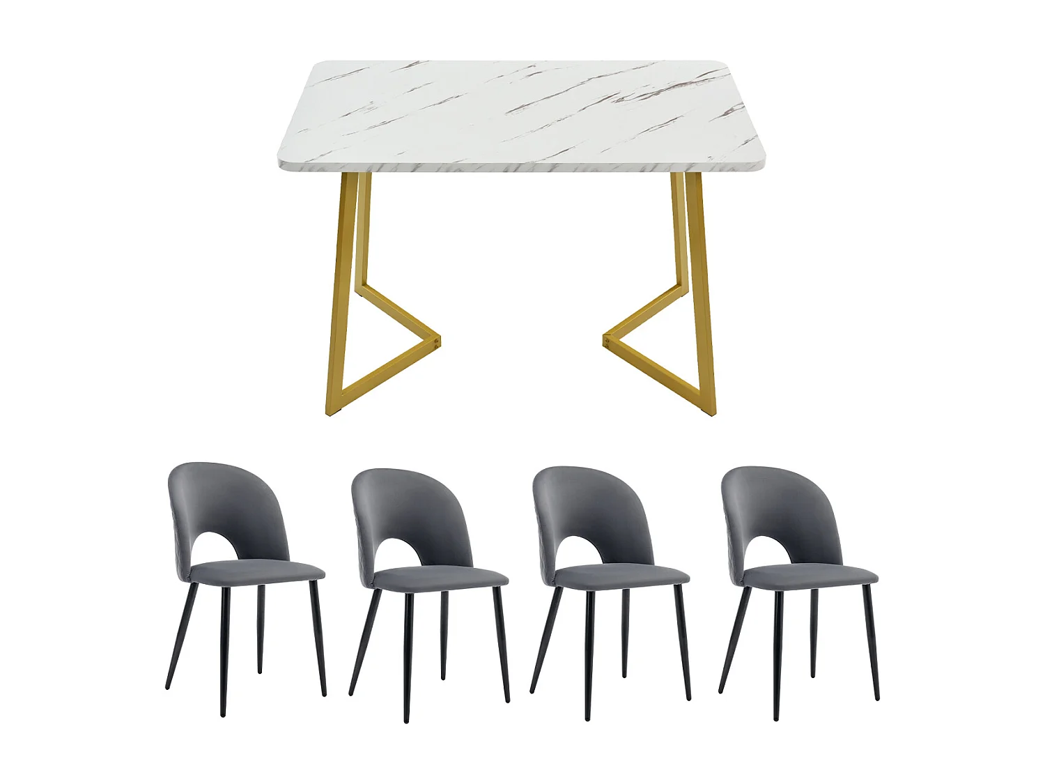Eettafelset van grijs fluweel met gouden poten (tafel 117x68 cm, 4 stoelen)