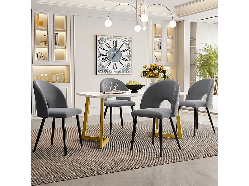 Eettafelset van grijs fluweel met gouden poten (tafel 117x68 cm, 4 stoelen)