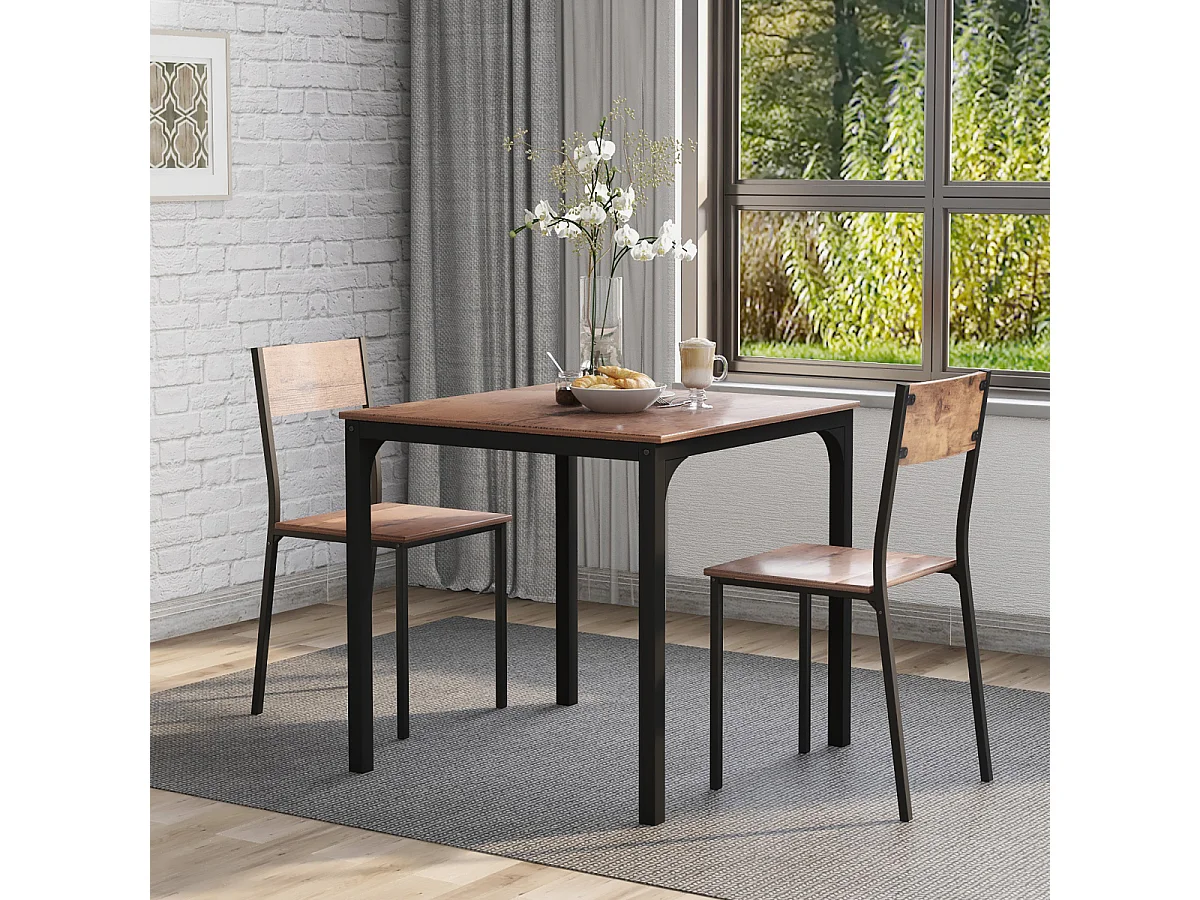 Conjunto de mesa e cadeiras para sala de jantar, varanda ou sala de estar, em tom vintage marrom.